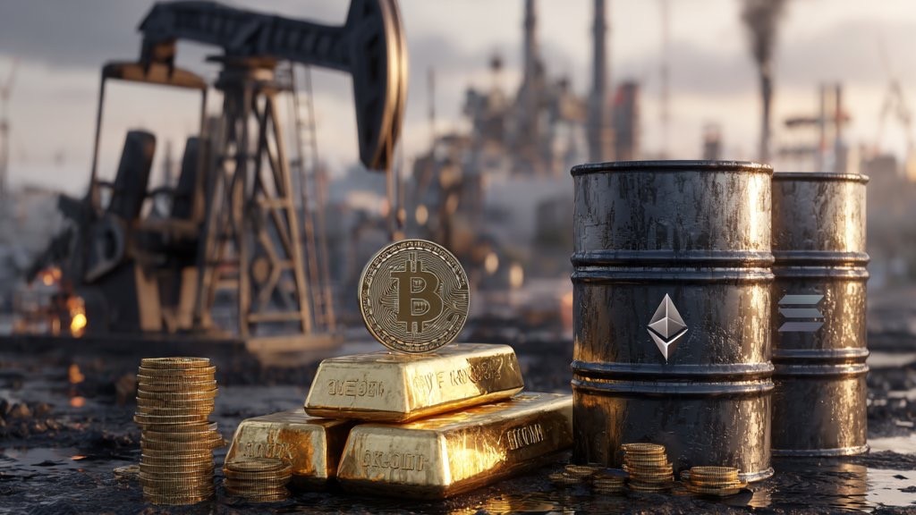 Original article illustration showing Bitcoin with gold and Ethereum and Solana on oil barrels
