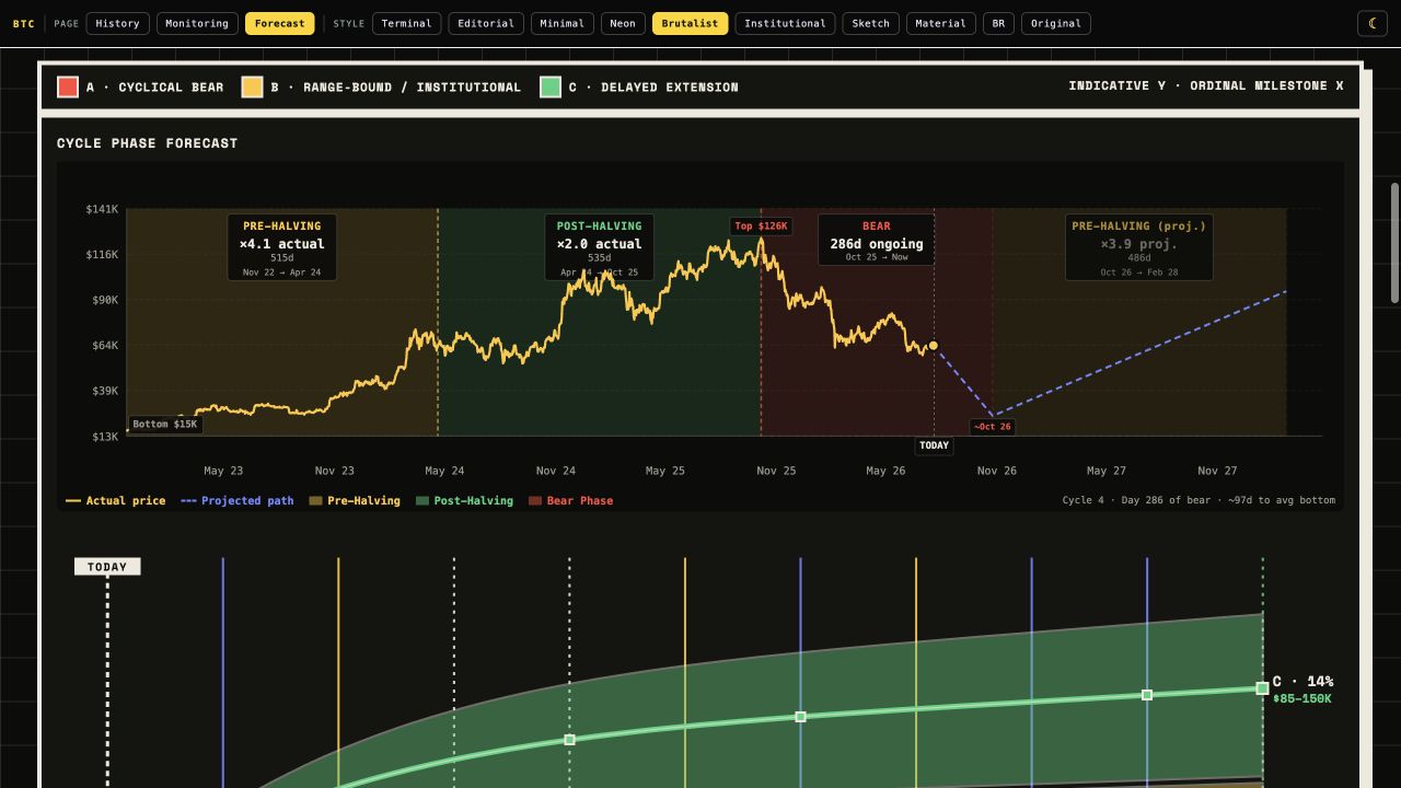 Bitcoin cycle map showing the current bear phase and conditional paths through 2027